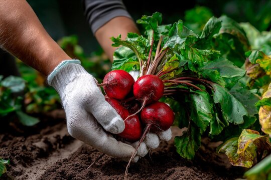 A person with gloved hands lifts red radishes from dark soil. The garden has healthy green leaves around the vegetables. Sunlight shines on the scene