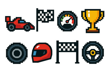 Pixel art racing icons: car, flag, speedometer, trophy, helmet, wheel, steering