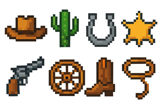Pixel art western icons: cowboy hat, cactus, horseshoe, star, gun, wagon wheel, boot, lasso