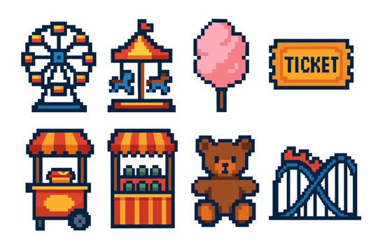 Pixel art carnival icons: ferris wheel, carousel, cotton candy, ticket, food stands, teddy bear, roller coaster