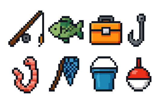Pixel art fishing icons: rod, fish, tackle box, hook, worm, net, bucket, bobber
