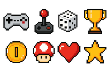 Pixel art gaming icons: controller, joystick, dice, trophy, coin, mushroom, heart, star