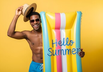 Hello summer. Positive black man in sunglasses lifting his straw hat in greeting gesture, hiding behind inflatable lilo on yellow studio background. Cheerful young guy chilling on beach
