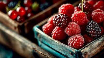 Fresh berry baskets with ripe raspberries and blackberries on a rustic wooden table for healthy summer snacks and recipes