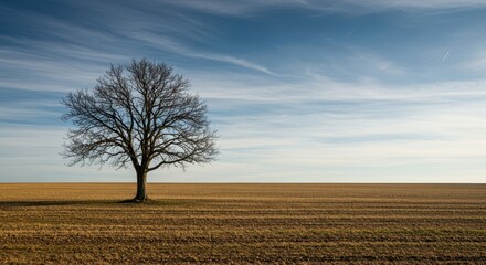A single, isolated tree stands bare against the vast, open field during the beginning of the quiet spring season ,bare, early spring, stark