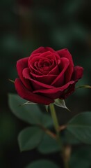 Naklejka premium A stunning, rich burgundy rose featuring velvety petals in a full bloom, photographed outdoors in soft daylight for a romantic presentation, close-up, detailed, color