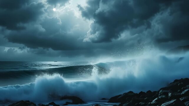 Dark stormy ocean waves under dramatic sky with heavy clouds and rising mist. Concept of wild nature power