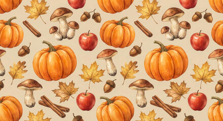 Fall season background with apple, cinnamon and acorn. Thanksgiving holiday and harvest textile design texture.