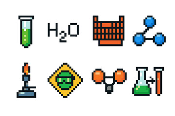 Fototapeta premium Pixel art science icons: chemistry symbols with lab equipment