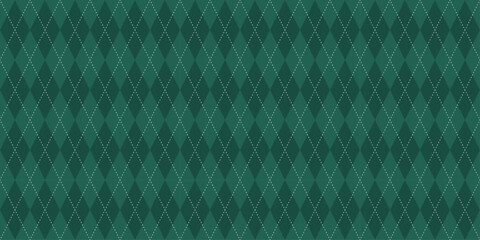 Dark green argyle seamless pattern. Christmas harlequin rhombus background. Xmas wrapping texture backdrop. Holiday traditional diamond shape pattern. Tablecloth fabric. Vector illustration