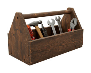 Old wooden toolbox filled with various hand tools, including a hammer, wrenches, and pliers, ready for repair and construction projects.