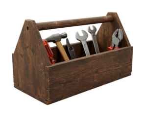 Old wooden toolbox filled with various hand tools, including a hammer, wrenches, and pliers, ready for repair and construction projects.