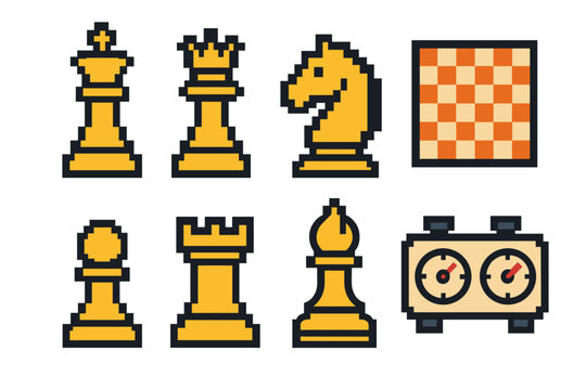 Pixel art chess pieces with clock and board