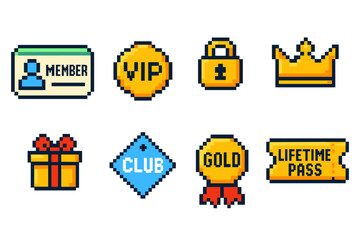 Pixel art membership icons: vip, gold, lifetime pass, and more