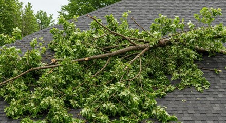 Massive green tree branches and abundant foliage littering a residential asphalt shingle rooftop following destructive strong summer winds ,shingles, limb, roof