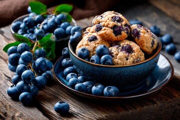 A bowl holds warm blueberry cookies beside fresh blueberries placed on a rustic wooden table. The light of the afternoon shines on the scene, adding warmth