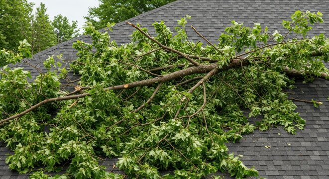 Massive green tree branches and abundant foliage littering a residential asphalt shingle rooftop following destructive strong summer winds ,shingles, limb, roof