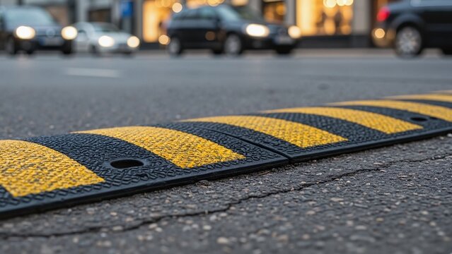 Rubber speed bump on urban street with passing cars and shops  