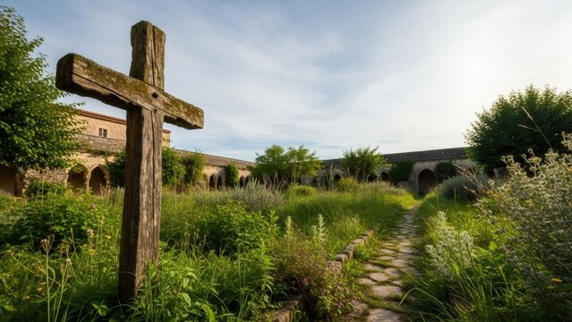 Weathered wooden cross in a lush green herb garden, symbolizing faith and heritage in a cloister setting for religious and historical content