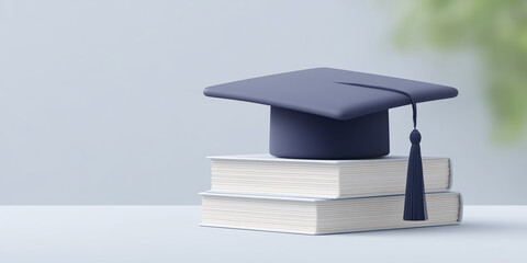 Graduation cap resting on stacked books, symbolizing academic achievement and education, with a soft blurred background creating a serene atmosphere for learning and growth
