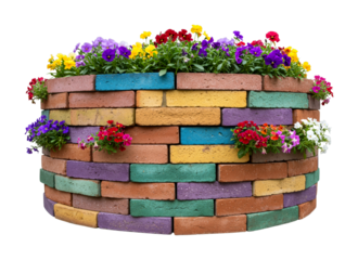 Colorful brick planter filled with vibrant flowers creates a beautiful and cheerful display, showcasing a variety of hues and textures in a charming garden design.