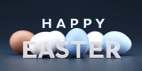 Colorful Easter eggs in various shades arranged around bold letters spelling Happy Easter, creating a festive and cheerful atmosphere for spring celebrations and holiday joy