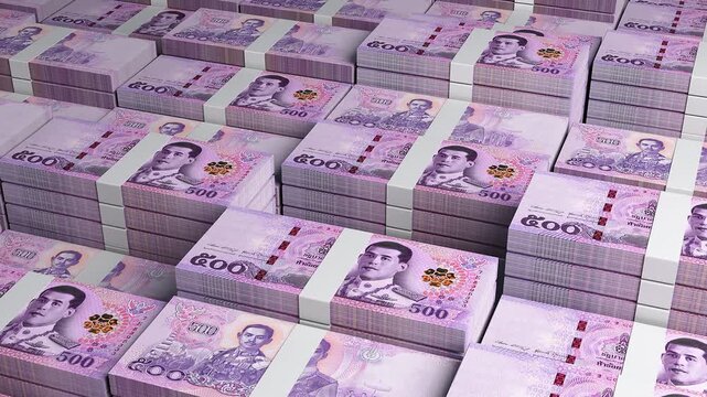 Thailand 500 Thai Baht Banknote Horizontal 3D Animation ? Financial Money Flow, Business, Banking, Economy Growth and Currency Exchange Visualization