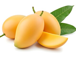 Fresh Ripe Marian Plum Fruit with Leaves on White Background.