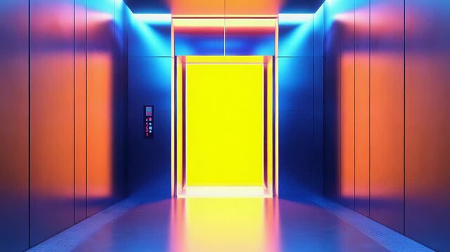 Futuristic elevator hall with glowing neon light reflections