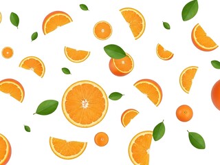 Obraz premium Fresh Orange Slices and Leaves Seamless Pattern Background.