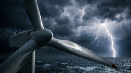 Wind Turbine in Storm: A dramatic scene of a wind turbine blade standing against a backdrop of a powerful thunderstorm, lightning striking, highlighting renewable energy production. 