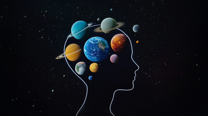 A silhouette of a head filled with planets and stars representing cosmic imagination and thought.