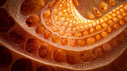 Abstract close-up of a cellular spiraling structure with warm golden hues and intricate porous details.