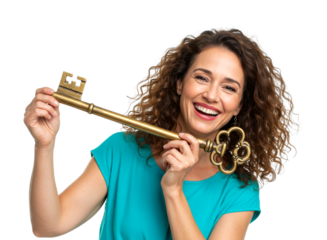 Beautiful woman holds a large golden antique key, smiling widely with a joyful expression, symbolizing a solution or new opportunity.