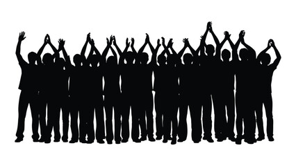 A large group of people raising their arms in celebration silhouette