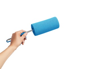 Hand holding a bright blue paint roller with a metal handle and blue grip isolated on a transparent background