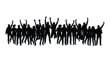 A group of people with arms raised in a celebratory pose silhouette