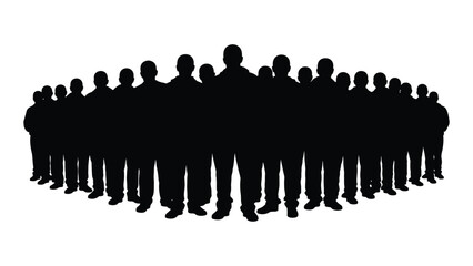 A large group of people forming a circle depicted in black silhouette