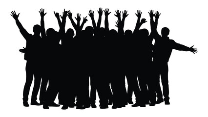 A joyous group of people raising their arms in celebration silhouette