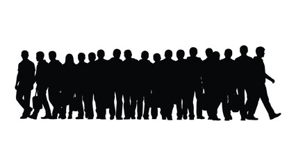 A crowd of people walking together in a striking black silhouette