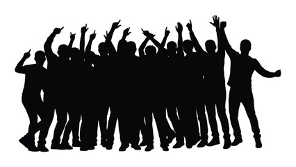 A crowd of people raising their hands in celebration a dark silhouette