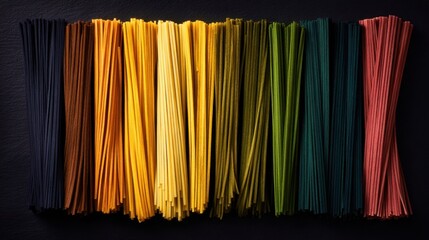 Colorful assortment of uncooked pasta arranged neatly on a dark surface, ideal for culinary presentations