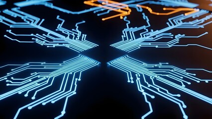 Abstract digital circuit board connections glowing blue and orange creating a sense of technology