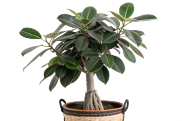 Beautiful Ficus Elastica plant with lush green leaves and intricate root system in a woven basket, a perfect addition to any home