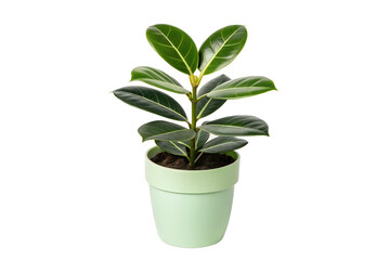 Fototapeta premium A healthy, vibrant green ficus elastica plant, commonly known as a rubber plant, growing in a light mint-green pot against a plain white background