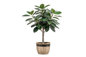 Beautifully potted Ficus elastica plant with rich green leaves in a woven basket, adding a touch of natural elegance to any indoor space
