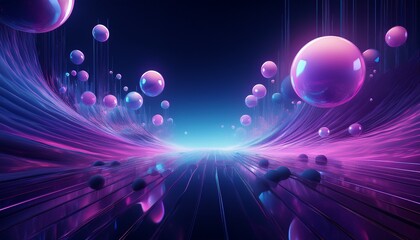 a 3d abstract background with glowing spheres floating in a deep purple and blue gradient creating a futuristic and mystical atmosphere