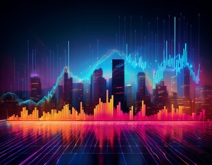 vibrant stock market graph overlayed on digital cityscape visualization
