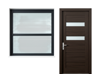 Modern dark brown wooden door and window with blinds showcasing contemporary architectural elements for stylish home interior design.