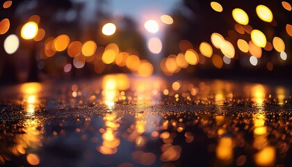 abstract bokeh lights and textures on a wet surface with warm orange and yellow glows illuminating the dark moody atmosphere
